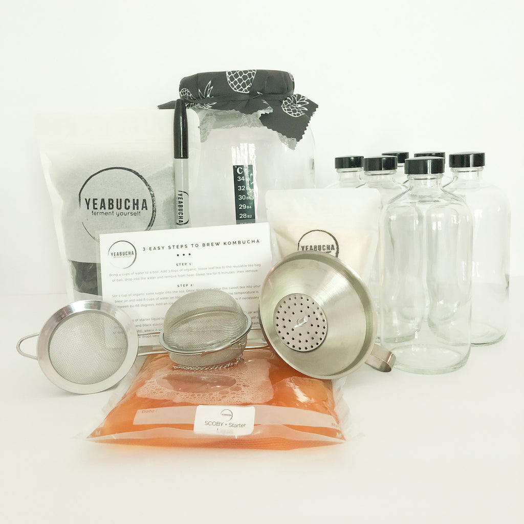 YEABUCHA Deluxe Home Brew Kombucha Kit. includes brew jars, SCOBY, Tea, organic sugar, and everything needed to start brewing.